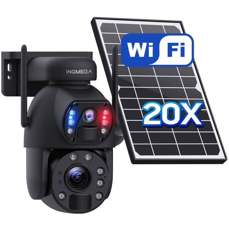 INQMEGA [20X Optical Zoom] 6MP Solar Security Camera with Dual-Screen,Solar Camera Wireless Outdoor,Color Night Vision,Dual Screen,2.4G WiFi