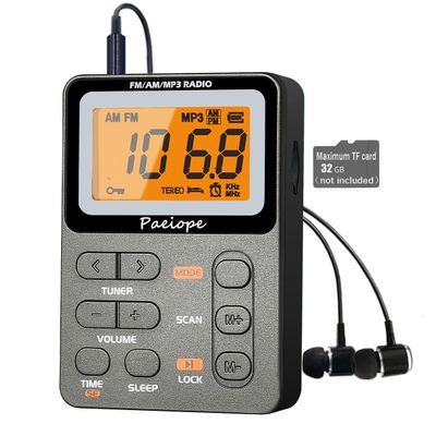 Paeiope Portable Radio AM FM, Rechargeable Pocket Speaker with Best Reception Digital Tuning, MP3, Stereo Earphone, Large LCD Screen, TF Card Socket, Transistor Radio for Jogging/Gym/Camping (Grey)