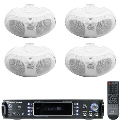 (4) Rockville D4-16 White Dual 4" 16 Ohm Outdoor Home Patio Speakers+Receiver