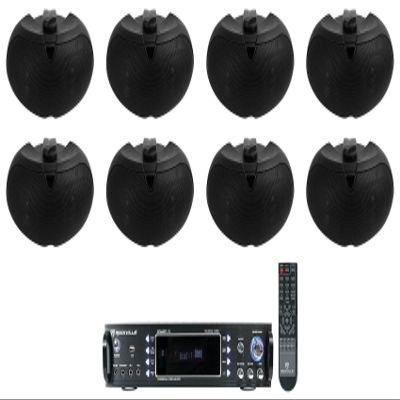 (8) Rockville D4-16 Black Dual 4" 16 Ohm Outdoor Home Patio Speakers+Receiver