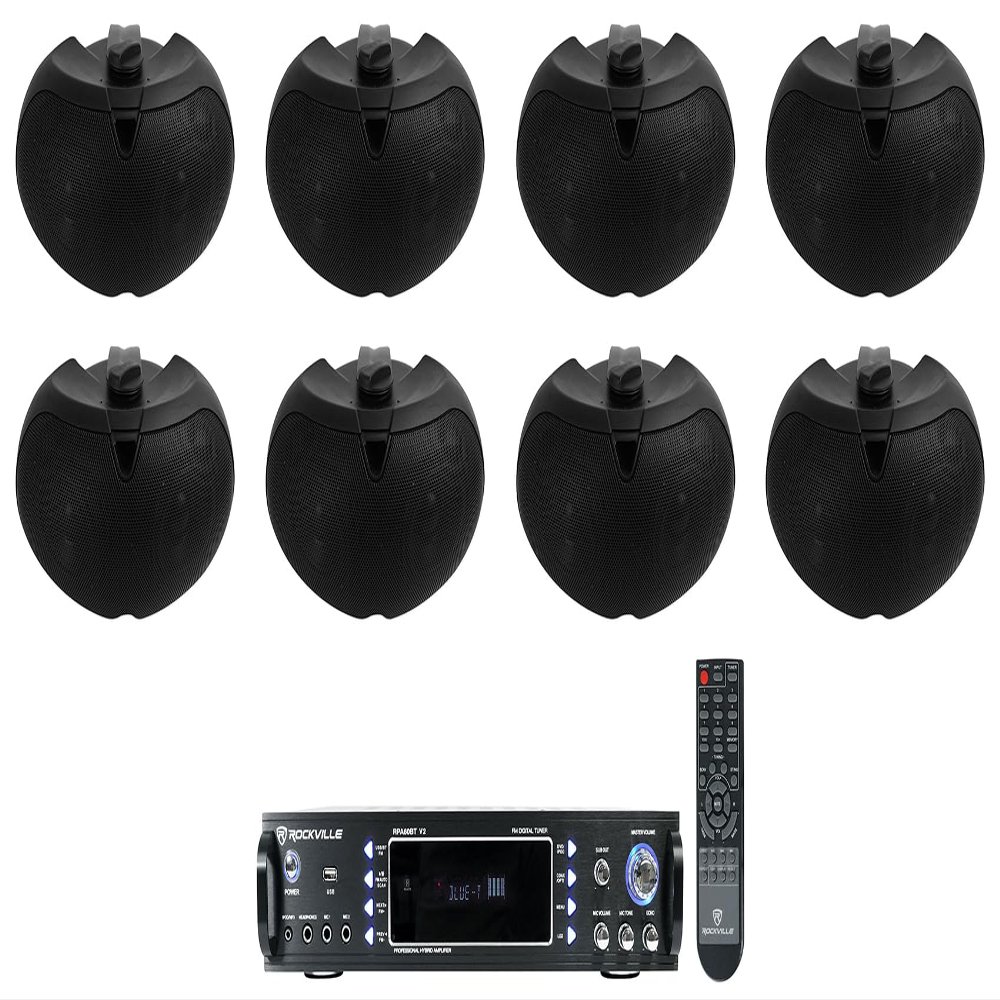 (8) Rockville D4-16 Black Dual 4" 16 Ohm Outdoor Home Patio Speakers+Receiver