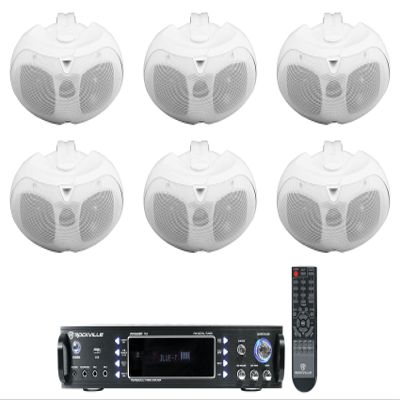 Rockville RPA60BT V2 Bundle: 2-Channel 1000-Watt Bluetooth Amplifier Mixer, (6) D4-16 White Dual 4 in 16 Ohm Swivel Outdoor Patio Speakers, Home Audio System, 7 Items