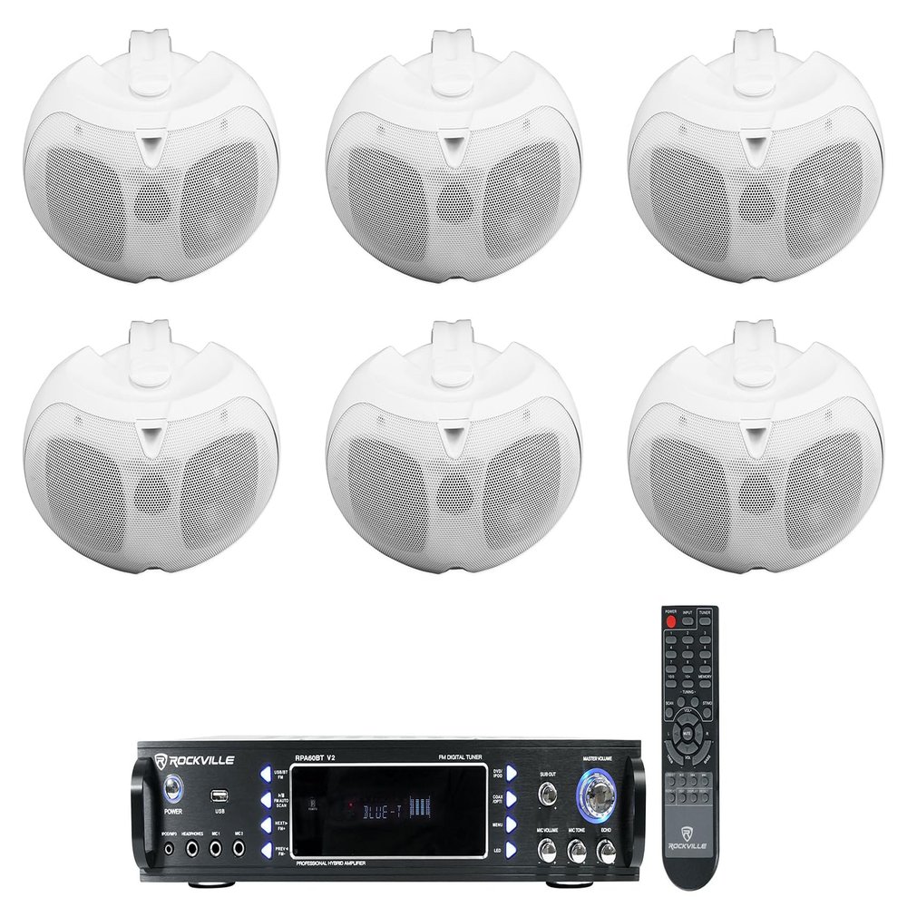 Rockville RPA60BT V2 Bundle: 2-Channel 1000-Watt Bluetooth Amplifier Mixer, (6) D4-16 White Dual 4 in 16 Ohm Swivel Outdoor Patio Speakers, Home Audio System, 7 Items