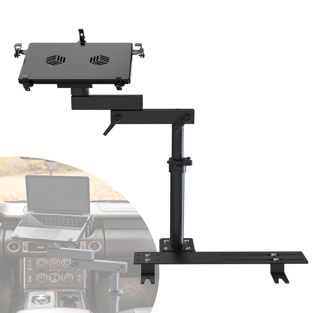 SPIRRELAB Car Laptop Mount with 2 Cooling Fans, No-Drill Adjustable Vehicle Computer Mount for Trucks, Vans, Heavy Duty Aluminum Laptop Holder for Work on The Go
