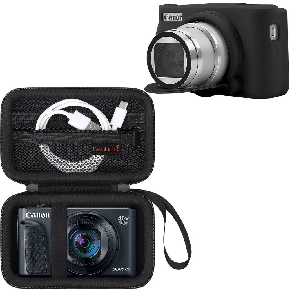 Canboc Hard Case for Canon PowerShot SX740 SX730 Bundle with SX740 Soft Silicone Cover, Black