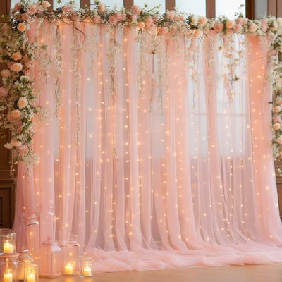 10x8ft Peach Tulle Backdrop Curtain with Lights String for Parites, Sheer Backdrop Curtains for Wedding Baby Shower Birthday Party Photo Shoot Decorations