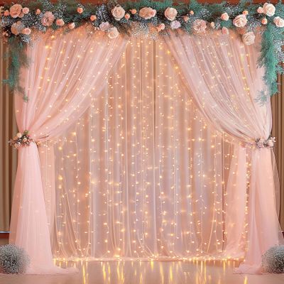 20x8ft Peach Tulle Backdrop Curtain with Lights String for Parites, Sheer Backdrop Curtains for Wedding Baby Shower Birthday Party Photo Shoot Decorations