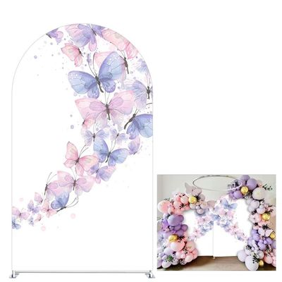 Aerdce Arched Fabric Cover Butterfly Happy Birthday Backdrop for Girls Pink Stretchy Arch Stand Cover for Butterfly Kisses Party Baby Shower Decor Supplies(Cover+Stand)