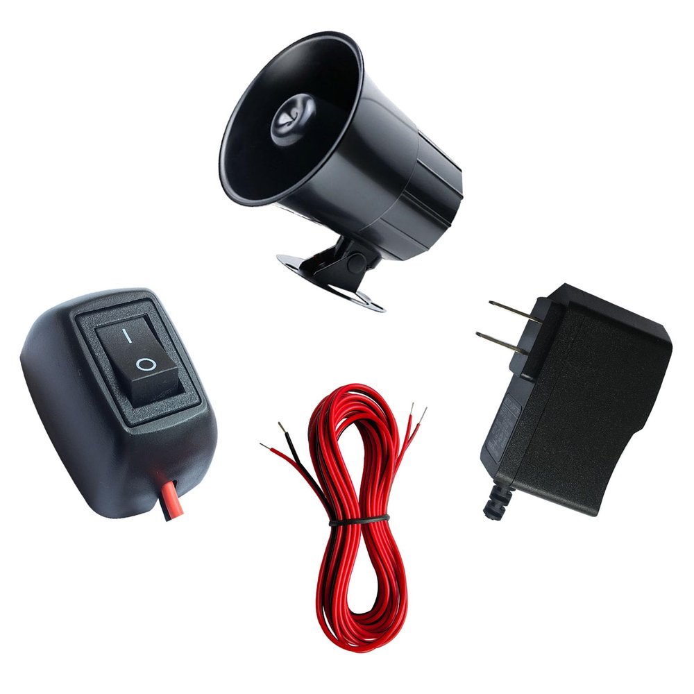 12v Wired Horn Siren Alarm System for Home Security with ON/Off Switch, 110V Power Supply and118 Inch Extension Cable, Easy Installation with All Accessories Provided.