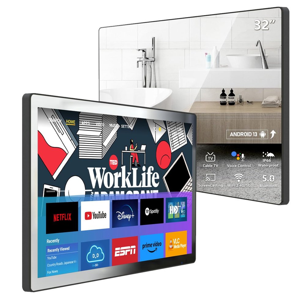 Leotachi 32 inch IP66 Waterproof Android 13 Smart Mirror TV for Bathroom and Bedroom - 4K UHD, Digital Mirror Built-in Voice Assistant, ATSC Tuner, Bluetooth, WiFi, HDMI