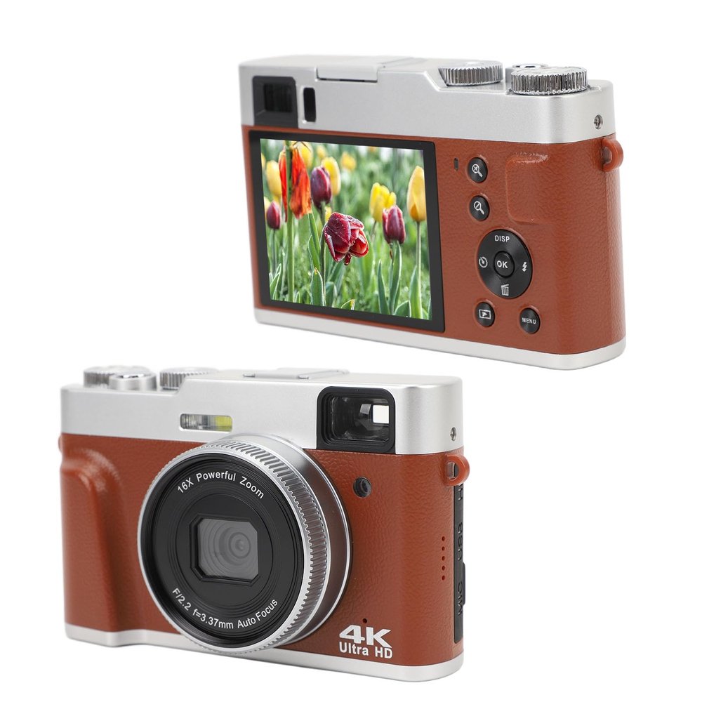 48MP Retro Digital Camera with 2.8in Screen, 4K Vlogging Camera with 16X Optical Zoom, Anti Shake, Auto Focus, Travel Video Camera for Adults Kids (Brown)