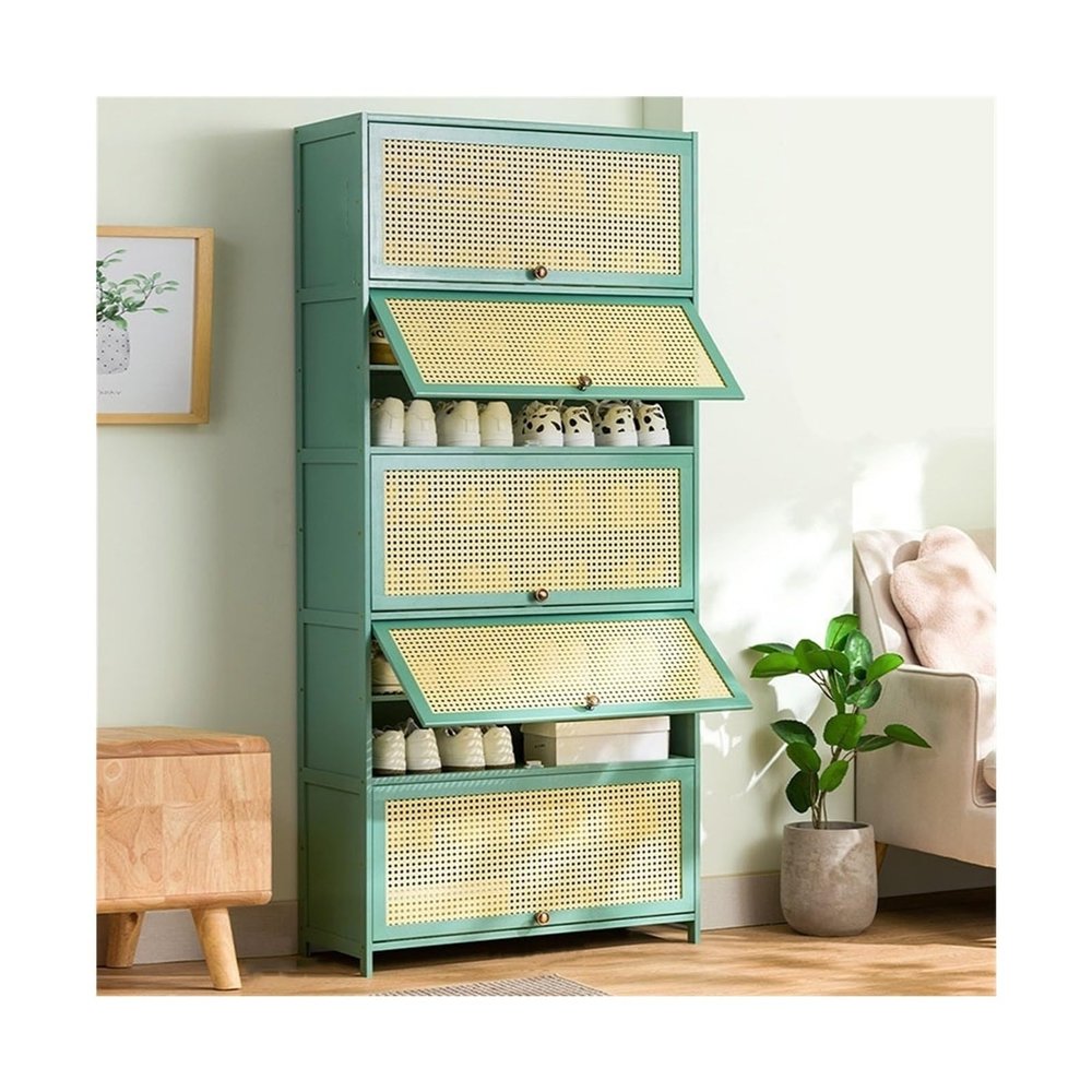 RENEESME Shoe Rack Shoe Cabinet - Multi Layer Bamboo Shoe Storage Cabinet, Free Standing Shoe Organizer with Flip-up Doors, for Hallway Bedroom Entryway Shoe Organizer Rack(70x33x172CM)