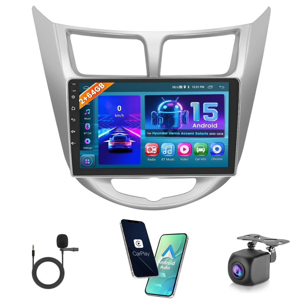 Hikity 2+64GB Android Car Stereo for Hyundai Accent Verna Solaris 2010 2011 2012 2013 2014 2015 2016 Radio 9 Inch Touchscreen Radio Wireless Carplay Android Auto GPS WiFi Bluetooth FM Backup Camera