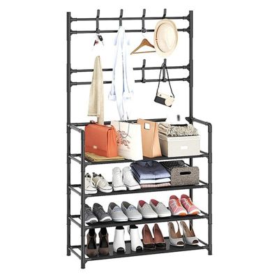 RENEESME Shoe Rack 5-Tier Coat and Shoe Rack, Entryway Coat Rack with 8 Hooks, Multifunctional Metal Shoe Rack Organizer for Bedroom Hallway Office Shoe Organizer Rack(80cm)