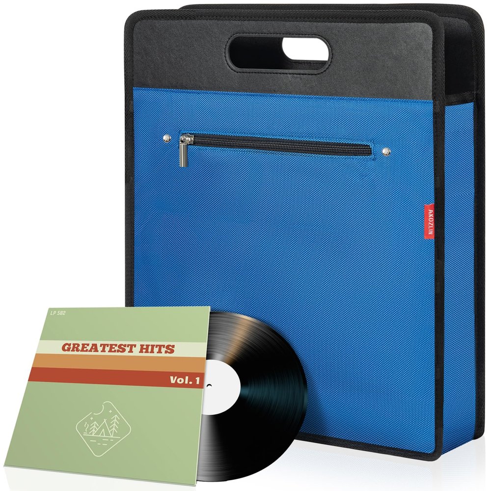 AKOZLIN Vinyl Record Travel Carrying Bag,LP Records Durable Vinyl Albums Case For Most 7" 10" 12" LP Blue