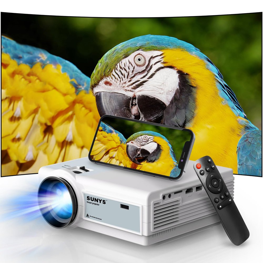 Sunys Mini Projector with WiFi and Bluetooth, 12000L Native 1080P HD Projector 4K Supported, Portable Phone Projector for Android and IOS, HDMI/USB/PC/TV Stick/Switch Supported (White-Gris)