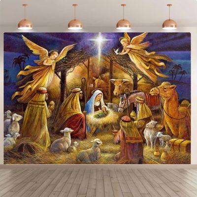 6x4ft Nativity Backdrop Christmas Shepherd's Shed Angel Gathering Photography Backdrop Photo Backdrop Family Gathering Backdrops