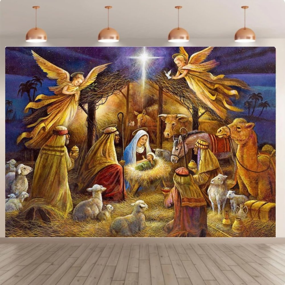 6x4ft Nativity Backdrop Christmas Shepherd's Shed Angel Gathering Photography Backdrop Photo Backdrop Family Gathering Backdrops