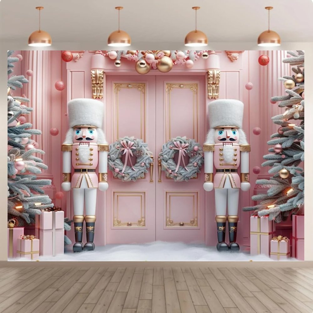 10x8ft Christmas Photography Background Pink Christmas Tree Soldier Snow Castle Background Decoration Girl Birthday Party Winter Party Backgrounds