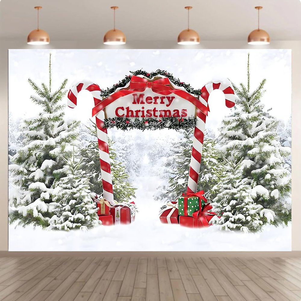 10x8ft Merry Christmas Photography Backgrounds Winter Candy Cane Christmas Tree Forest Snowy Christmas Holiday Party Kids Portraits Kids Studio Photos