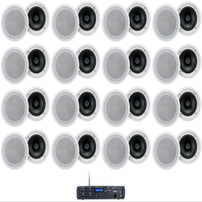 Rockville Bundle: Rock Zone 8 8-Channel 1000W RMS Multi Room Receiver/Amplifier Bundle with (32) HC85-16 White 8" 700 Watt in-Ceiling Commercial Speakers (33 Items)