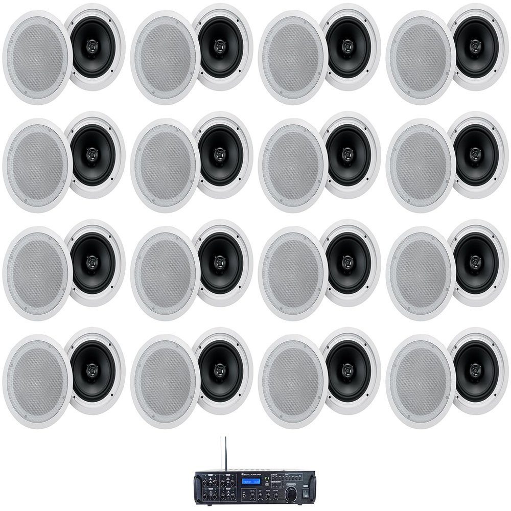 Rockville Bundle: Rock Zone 8 8-Channel 1000W RMS Multi Room Receiver/Amplifier Bundle with (32) HC85-16 White 8" 700 Watt in-Ceiling Commercial Speakers (33 Items)