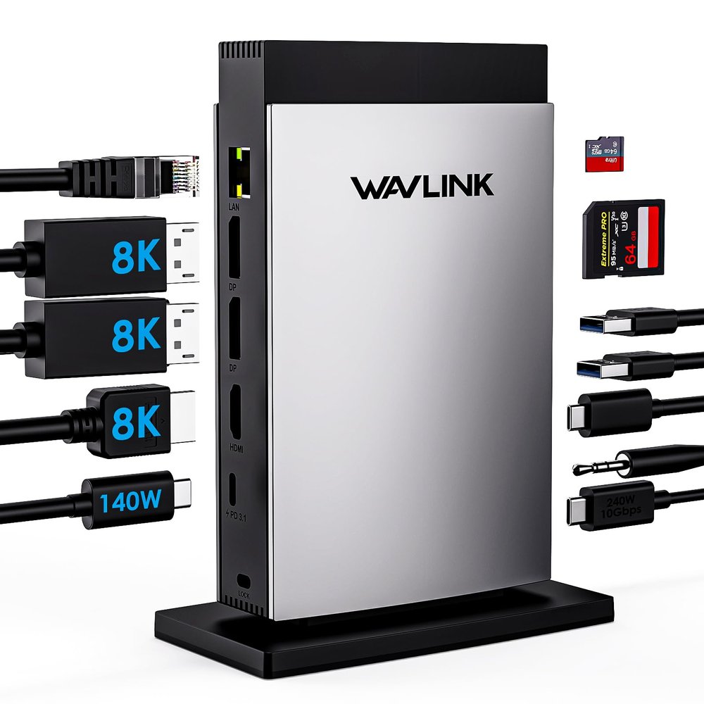 WAVLINK Laptop Docking Station 3 Monitors(Max Resolution: Single 8K or Triple 4K), 11-in-1 USB C Docking Station with 125W PD3.1 Pass-Through, HDMI + 2*DP, for MacBook M1/M2/M3/M4 & Windows, SD/TF