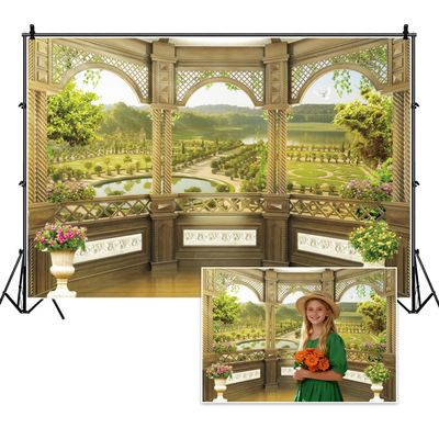 Vie Savaran 9x6ft Window Scenery Backdrop Golden Vintage Fence Green Tree Mountain Lake Nature Park Landscape Photography Background Party Birthday Wedding Bridal Studio Photo Props Polyester