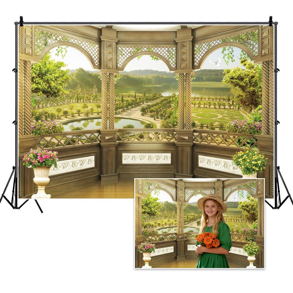 Vie Savaran 9x6ft Window Scenery Backdrop Golden Vintage Fence Green Tree Mountain Lake Nature Park Landscape Photography Background Party Birthday Wedding Bridal Studio Photo Props Polyester