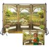 Vie Savaran 9x6ft Window Scenery Backdrop Golden Vintage Fence Green Tree Mountain Lake Nature Park Landscape Photography Background Party Birthday Wedding Bridal Studio Photo Props Polyester view 1