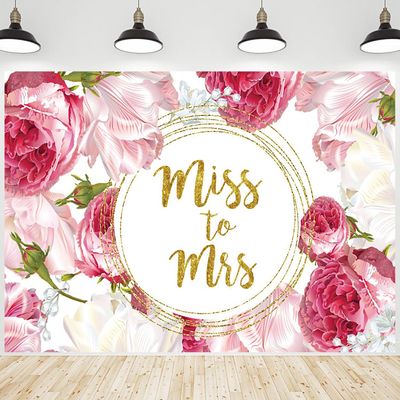 10x6.5ft Miss to Mrs Backdrop Pink Rose Flowers Wedding Photography Background White Floral Green Leaves Bridal Shower Decorations Bride to Be Engagement Party Banner Portrait Photo Booth Props