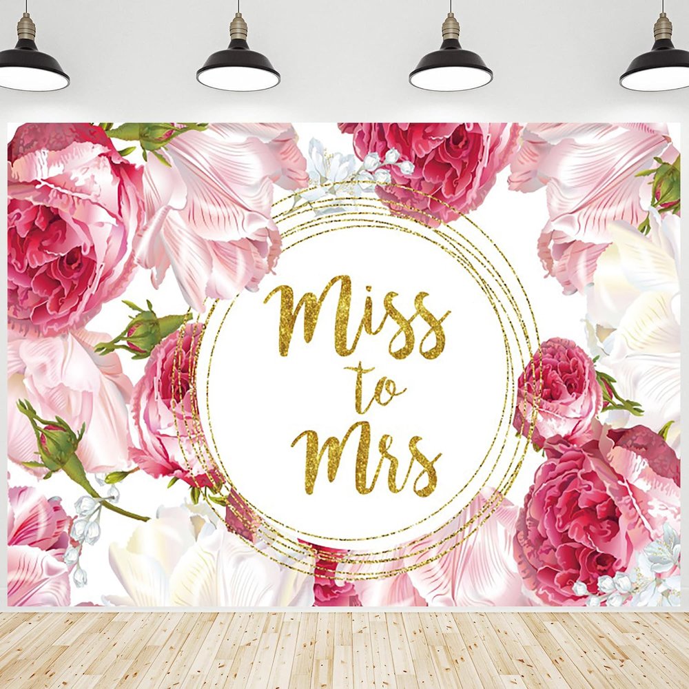 10x8ft Miss to Mrs Backdrop Pink Rose Flowers Wedding Photography Background White Floral Green Leaves Bridal Shower Decorations Bride to Be Engagement Party Banner Portrait Photo Booth Props