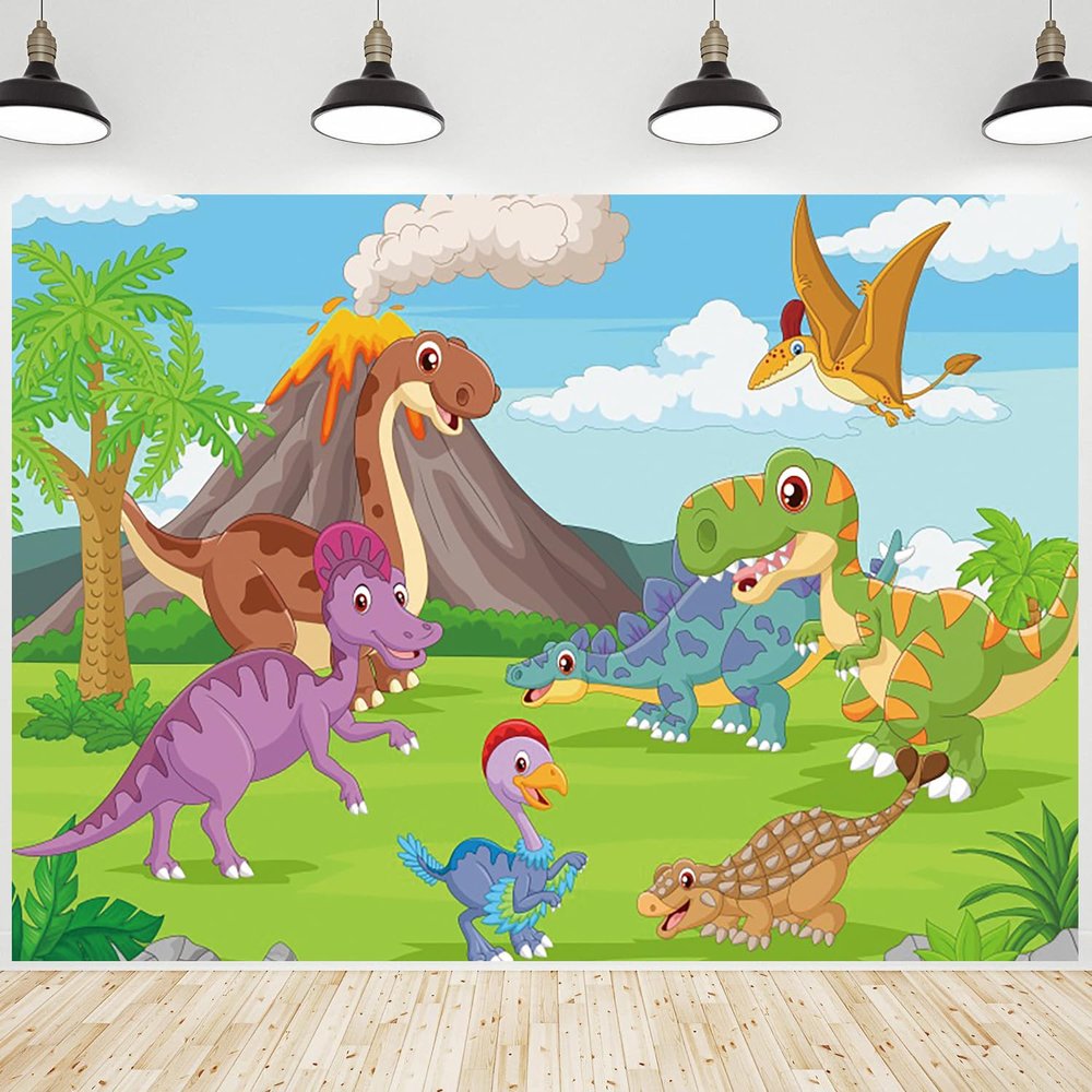 12x8ft Cartoon Dinosaur Backdrop Dino Animals Wildlife Volcano Photography Background Mountains Trees Sky Clouds Banner Decorations Kids Birthday Party Baby Shower Photo Booth Props