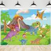 12x8ft Cartoon Dinosaur Backdrop Dino Animals Wildlife Volcano Photography Background Mountains Trees Sky Clouds Banner Decorations Kids Birthday Party Baby Shower Photo Booth Props view 1