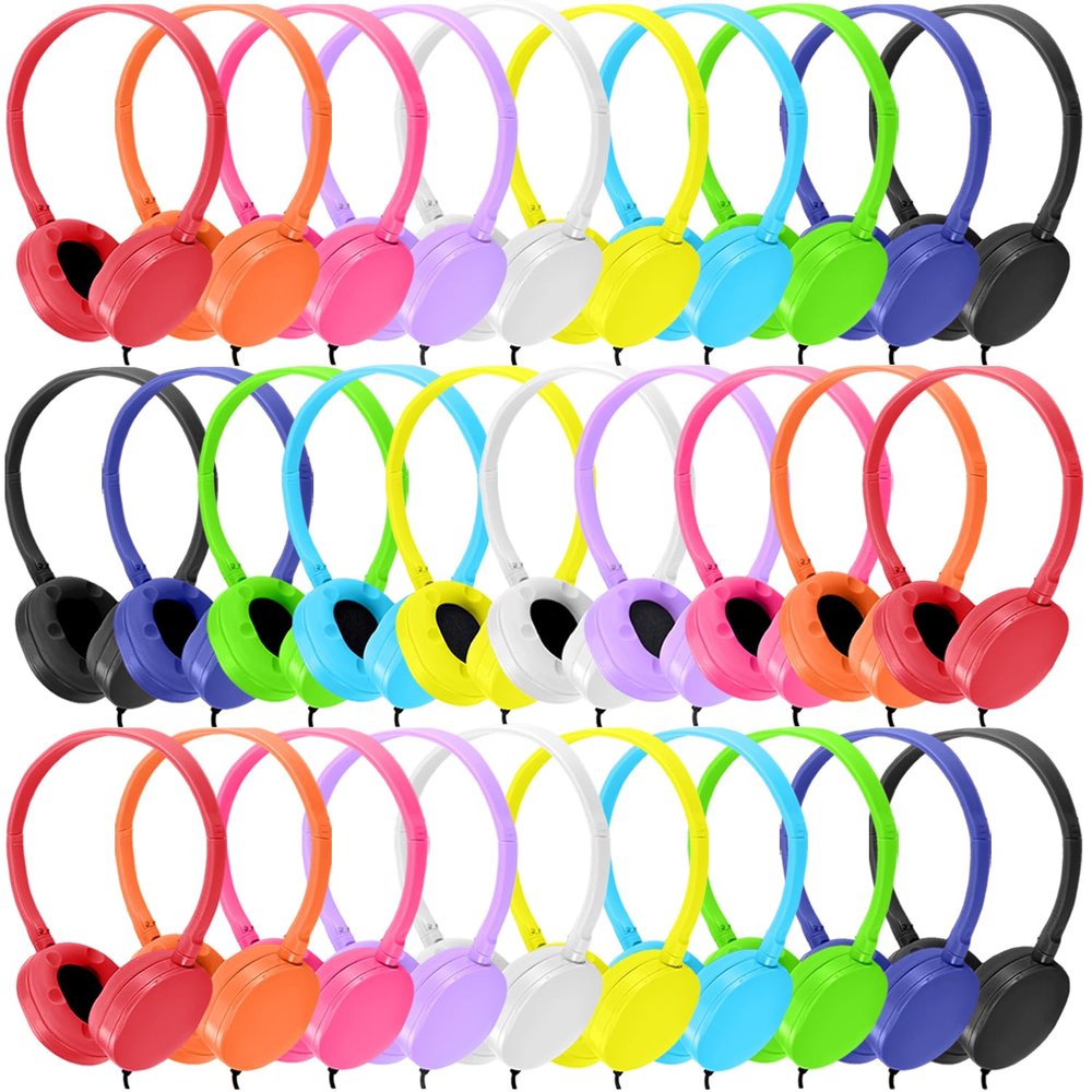 Wensdo 50 Pack Kids Headphones Bulk for Classroom School K-12, Wholesale Wired Student Headaets Adjustable 3.5mm Jack for Chromebook Laptop PC (HY104,50 Mixed)