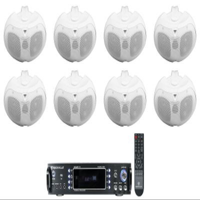 (8) Rockville D4-16 White Dual 4" 16 Ohm Outdoor Home Patio Speakers+Receiver