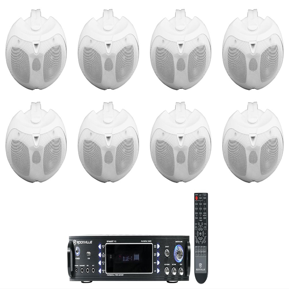 (8) Rockville D4-16 White Dual 4" 16 Ohm Outdoor Home Patio Speakers+Receiver