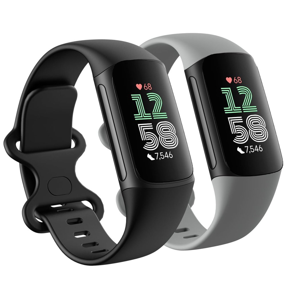 2 Pack Compatible with Fitbit Charge 5 Bands/Fitbit Charge 6 Bands for Women Men, Soft Breathable Sports Adjustable Replacement Wristbands for Women Men (Large 7.1''-9.1'', Black/Grey)