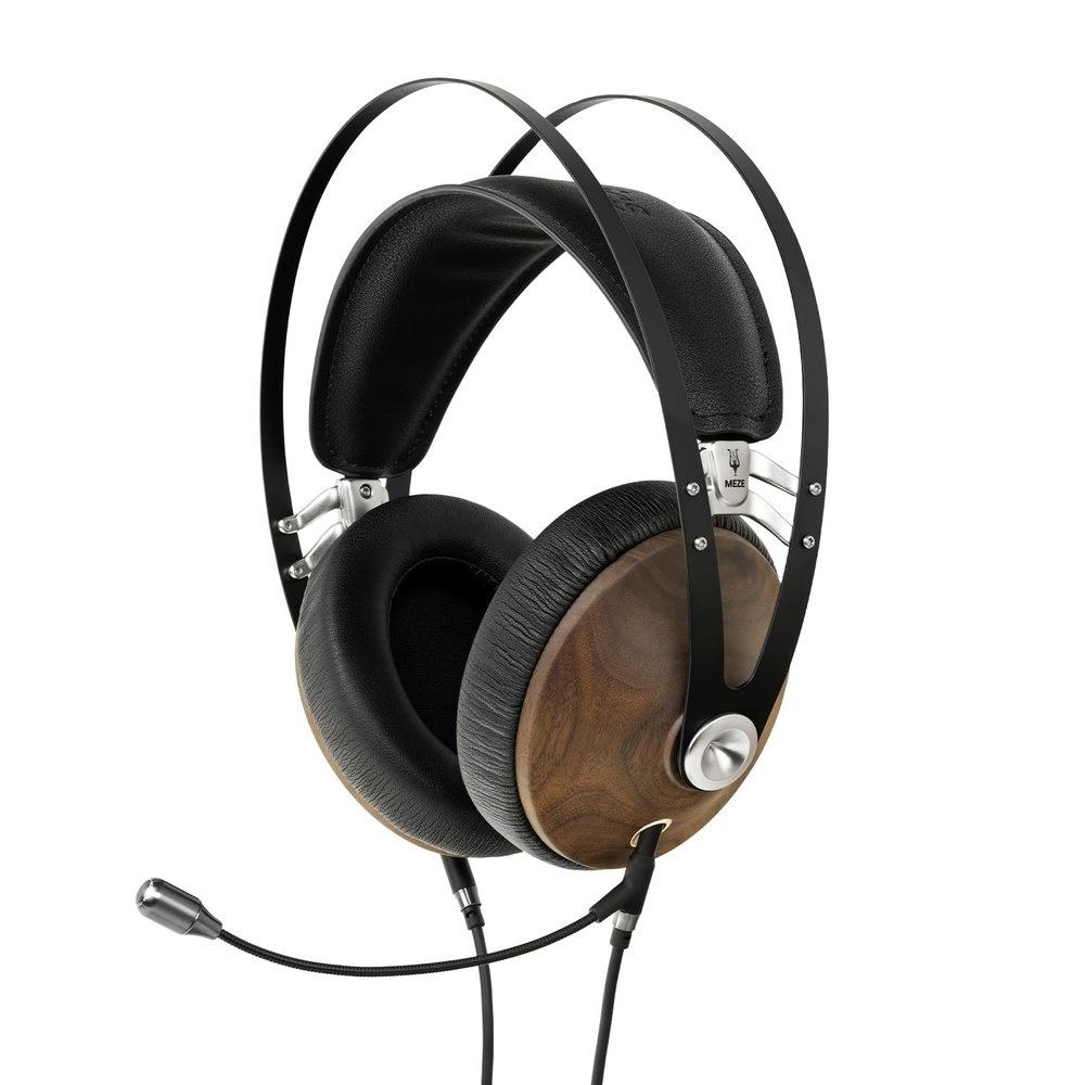 MEZE AUDIO | 99 Classics Walnut Silver & Boom Mic Headset | Wired Over-Ear Headphones with Boom Microphone and Self Adjustable Headband | Closed-Back Headset for Gaming | Remote Work | Audiophiles