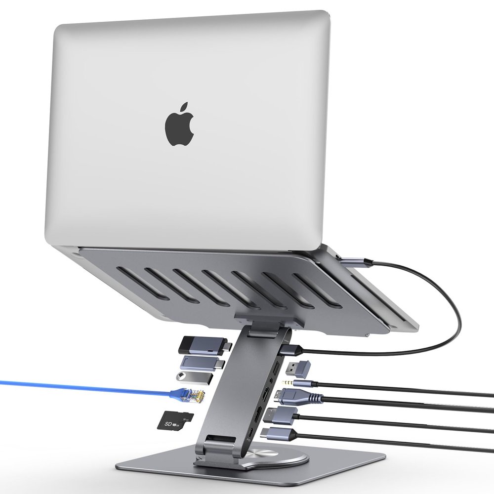Laptop Docking Station Stand 11-IN-1 Triple Display HDMI DP 4K60Hz Gigabit Ethernet USB3.1 PD100W SD/TF Card Reader Audio 360Swivel Laptop Stand with USB Hub for MacBookPro/Air/Dell/HP/Surface/Lenovo