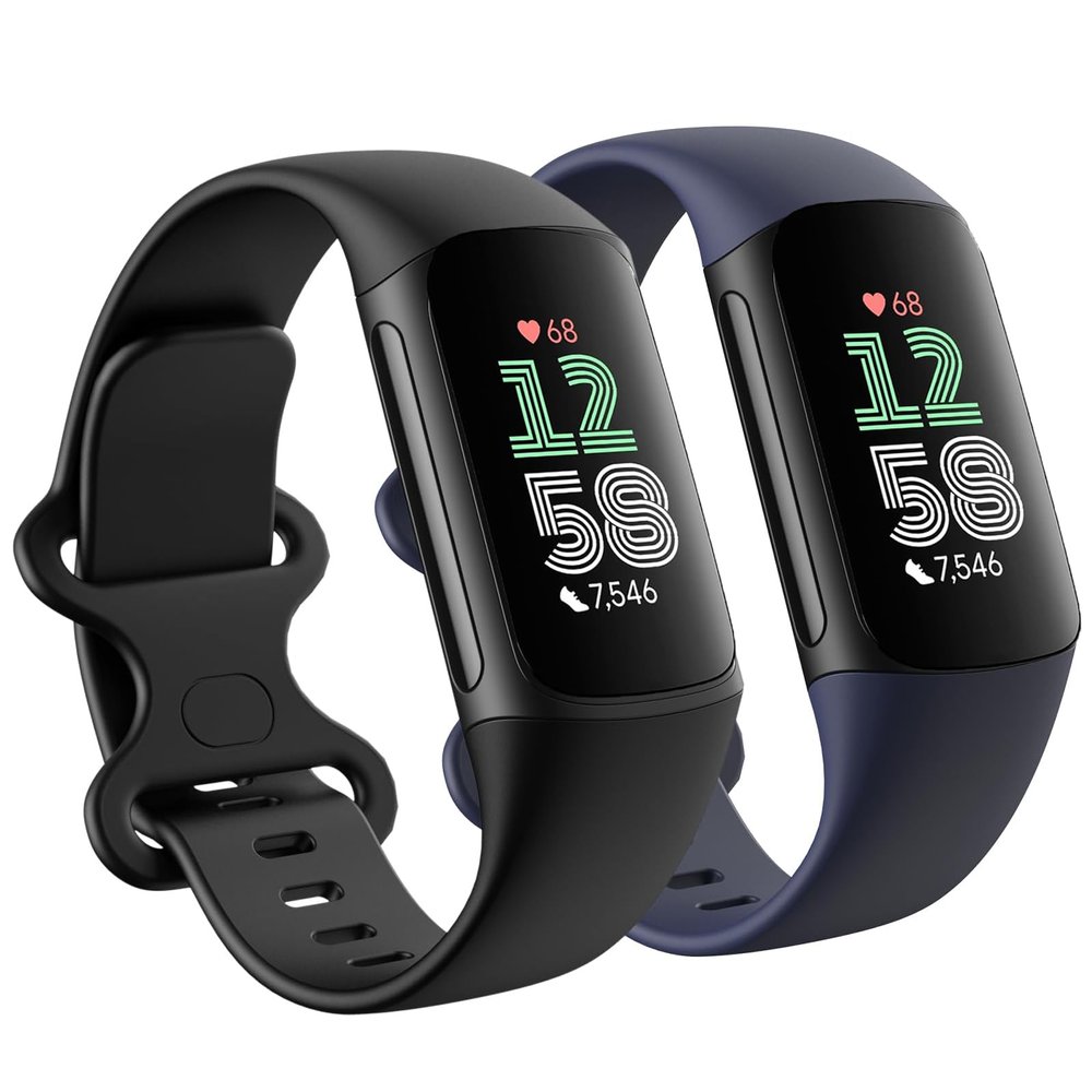 2 Pack Compatible with Fitbit Charge 5 Bands/Fitbit Charge 6 Bands for Women Men, Soft Breathable Sports Adjustable Replacement Wristbands for Women Men (Small 5.5''-7.8'', Black/Navy)