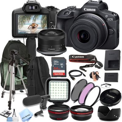Canon EOS R100 24.2MP APS-C CMOS Sensor Mirrorless Camera with 18-45mm Lens + Sling Backpack + 64GB Ultra Memory Card + Video Light + Microphone + Lenses + More (Content Creator Bundle) (Renewed)