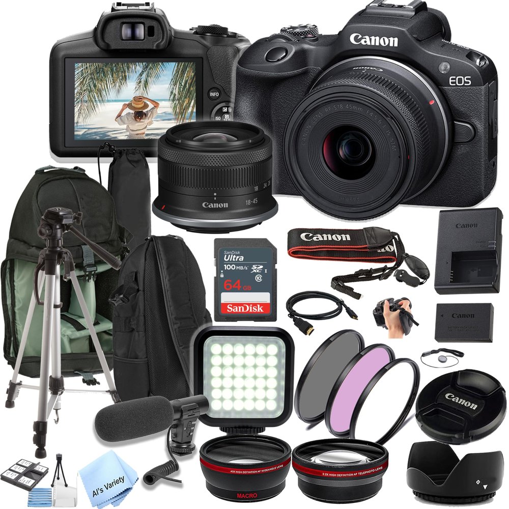 Canon EOS R100 24.2MP APS-C CMOS Sensor Mirrorless Camera with 18-45mm Lens + Sling Backpack + 64GB Ultra Memory Card + Video Light + Microphone + Lenses + More (Content Creator Bundle) (Renewed)