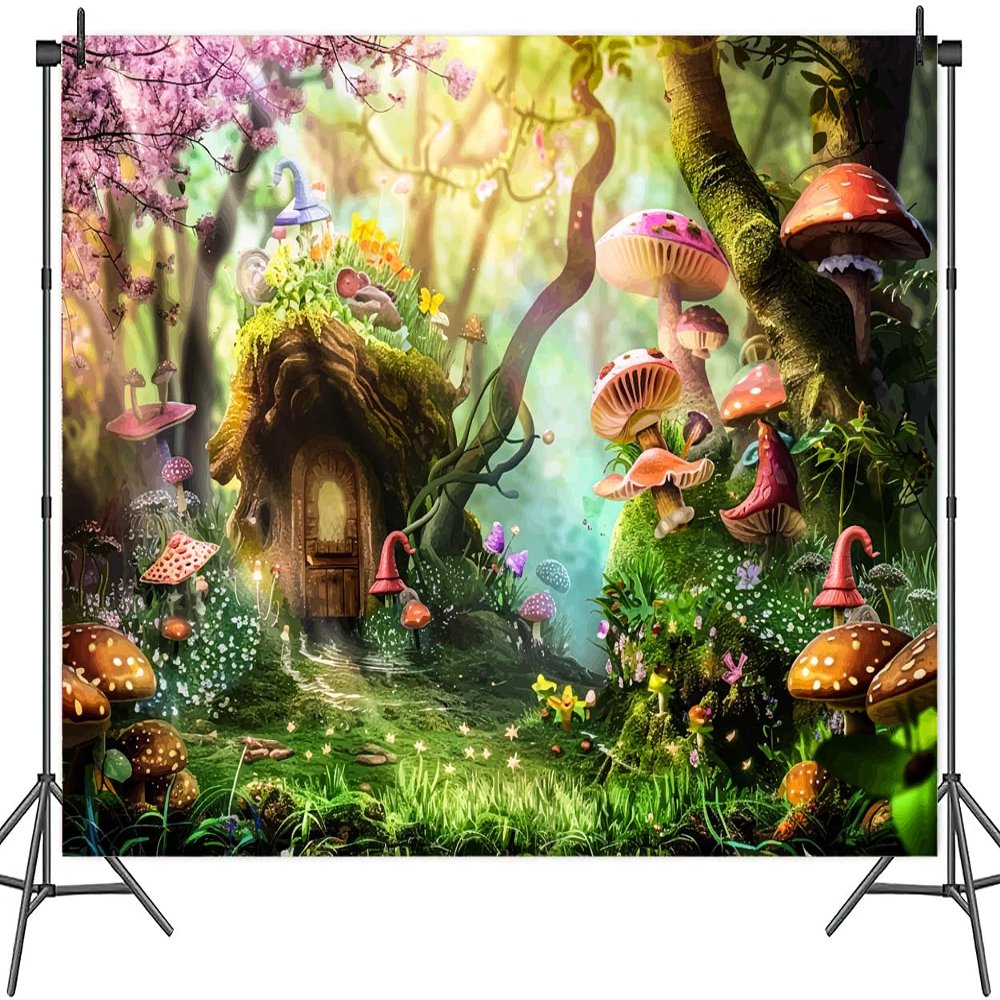 20x10ft Fairy Tale Wonderland Backdrop Enchanted Mushroom Forest Cartoon Background Kids Girls Princess Birthday Party Baby Shower Party Decorations Banner Photo Booth Props