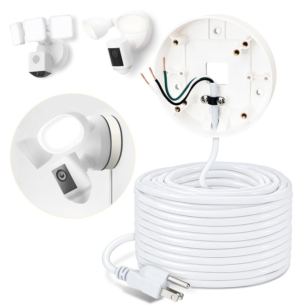 25ft Power Cable and Plug-in Mount for Floodlight Cams Compatible with Floodlight Cam Wired Pro/Plus, Blink Wired Floodlight Camera, Electrical Box with Weatherproof Cable -(2in1 Mount and Cord Set)