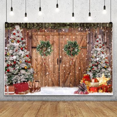 10x8ft Vinyl XMJJKUF Merry Christmas Backdrop Rustic Wooden Door Wreath Snowflake Xmas Tree Gift Background for Holiday New Year Party Banner Family Holiday Party Supplies