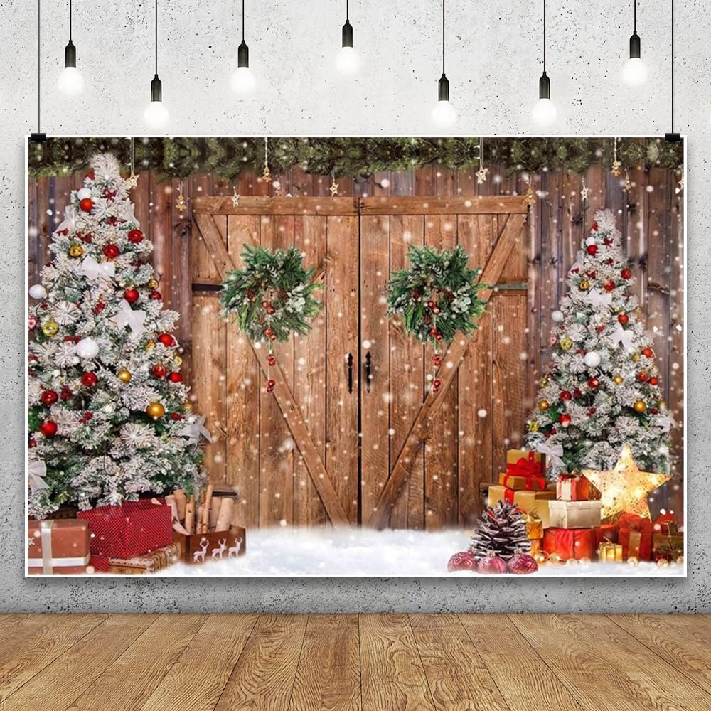 10x8ft Vinyl XMJJKUF Merry Christmas Backdrop Rustic Wooden Door Wreath Snowflake Xmas Tree Gift Background for Holiday New Year Party Banner Family Holiday Party Supplies