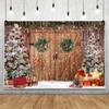 10x8ft Vinyl XMJJKUF Merry Christmas Backdrop Rustic Wooden Door Wreath Snowflake Xmas Tree Gift Background for Holiday New Year Party Banner Family Holiday Party Supplies view 1