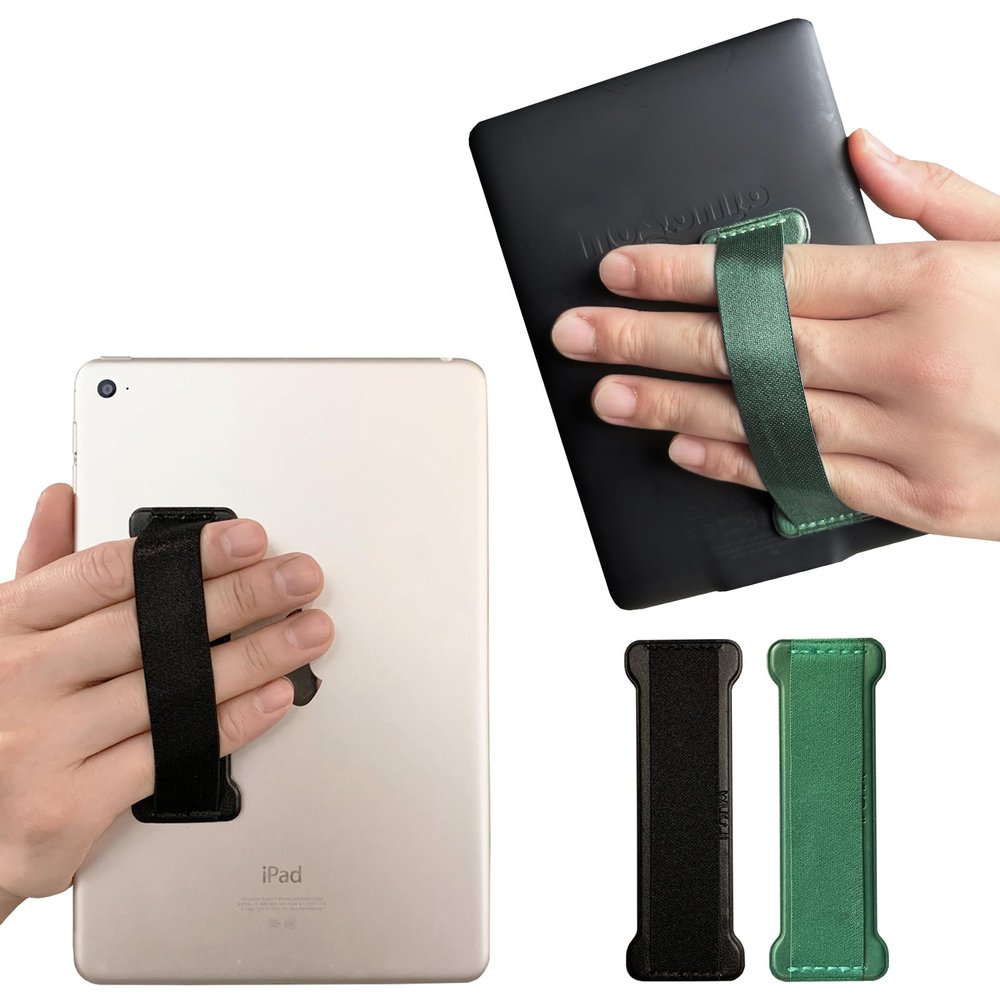 WUOJI Hand Holder Strap for ipad, Tablet Hand Holder Strap, Universal Handle Grip for iPad Kindle, Mini Tablets and Cases (Black Green) - 2PC