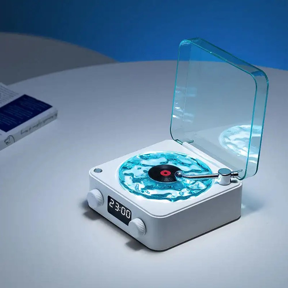 Aqua Speaker - Waves Record Player - Stylish Bluetooth Speaker with Night Light & Time Display - Small 3-in-1 Multifunctional Stereo Speaker (White)
